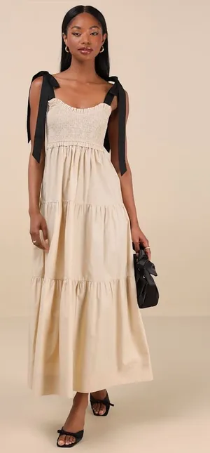 NWT Lulus Bembe Beige Tie-Strap Tiered Maxi Dress Coquette Holiday Resort Sz S thumbnail 1