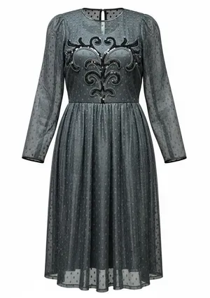 Nuit Midi Dress Womens S Black Swiss Dot Sequin Embroidered VTG Cocktail Goth thumbnail 1