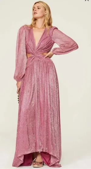 Ramy Brook Cutout Waist Metallic Polka Dot Lebron Gown Maxi‎ Dress Pink V-neck thumbnail 1