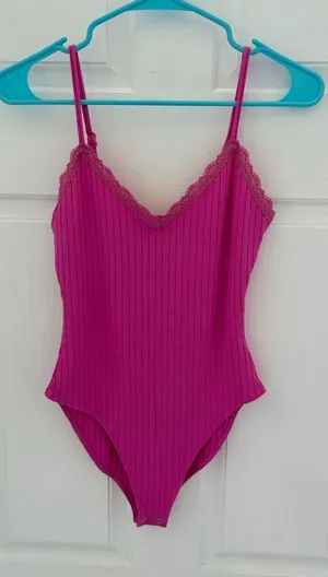Forever 21 Fuchsia Ribbed Lace-Trim One-Piece thumbnail 1