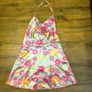 SHEIN 90s Allover Floral Print Tie Cowl Neck Backless Satin Cami Dress thumbnail 7