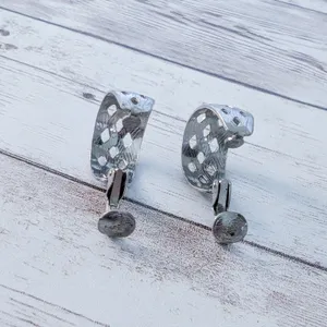Vintage Clip On Earrings Silver Tone Cut Out Design Hoops with Pattern thumbnail 6