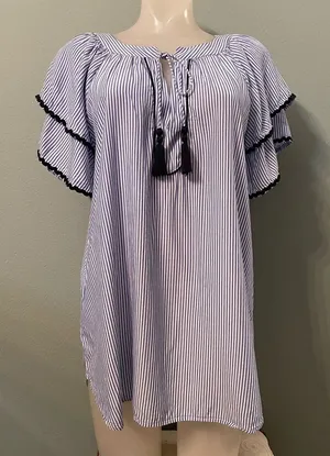 Ann Taylor LOFT Striped Navy and White Women's Blouse with Tassels thumbnail 1