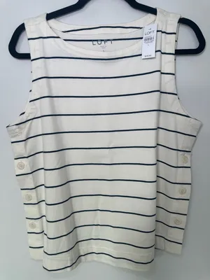 NWT 100% Cotton Loft Striped Tank Top Size L White Blue Side Button Sleeveless thumbnail 4