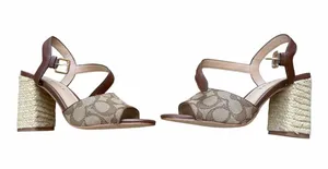 NEW Coach Logo Maddy Sandal Khaki Saddle Summer Woven Block Heel $198.00 Tan thumbnail 4