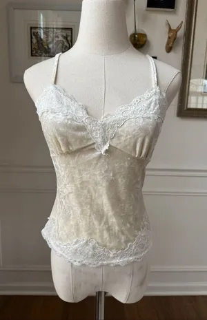 NWOT Commense Crushed Velvet Lace Ivory Cami Tank Top M thumbnail 1