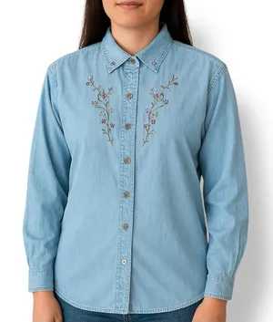 Vintage 90s‎ Embroidered Chambray Denim Shirt Button Down Floral Long Sleeve thumbnail 1