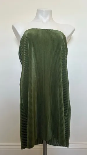 Silk Ribbed Strapless Mini Dress Olive Green Small thumbnail 1