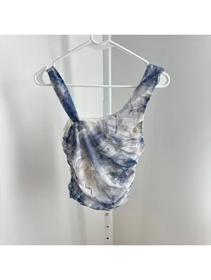 Lulu's NWOT Women's Beautiful Vision Blue White Abstract Mesh Asymmetrical Top M thumbnail 5