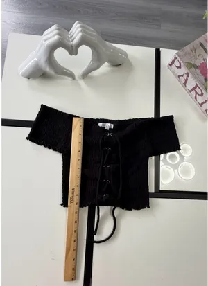 Love Tree Black Smocked Off-the-Shoulder Lace-Up Crop Top - Size M thumbnail 6