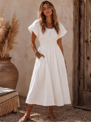 White Cotton Smocked Waist Maxi Dress with Pockets | Boutique NWT thumbnail 7