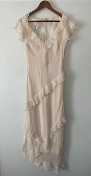Sparkly Ruffle Tiered V-Neck Maxi Dress in Light Cream thumbnail 1