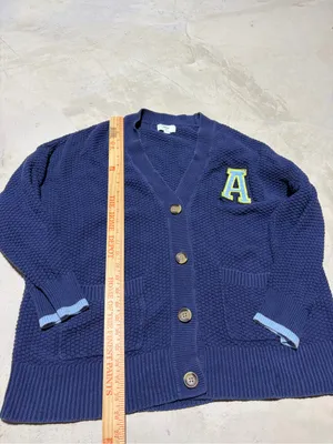 Aerie Navy Knit V‑Neck Cardigan Sweater with 'A' Patch large thumbnail 4