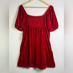 Modcloth Women’s Red Velvet Mini Dress Smocked Puff Sleeve Coquette NWT L thumbnail 8
