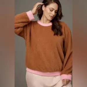 Maeve Anthropologie‎ Cozy Ringer Brown and Pink Fuzzy Sweatshirt Size Medium EUC thumbnail 2