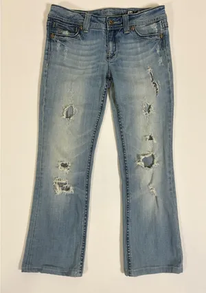 Miss Me JP4369-2L Womens 30 Light Wash Distressed Fleur De Lis Bootcut Jeans thumbnail 1