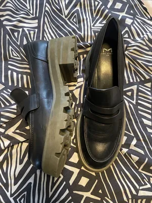 Marc Fisher Black Leather Penny Loafers with Chunky Gray Sole thumbnail 3