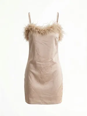 NWT Charmed Hearts Waiting All Night Satin Feather Dress Beige L thumbnail 2