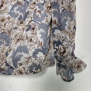 Ann Taylor‎ Factory MP Floral Damask Blouse Blue Tan Ruffle Cuff Long Sleeve thumbnail 5
