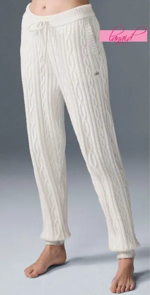 Alo Cable Knit Winter Bliss Pants Ivory High-Rise Waist Chunky Sweater Joggers S thumbnail 1