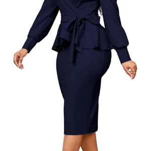 SexyCherry Navy Peplum Pencil Dress Long Sleeve Formal Cocktail Sheath Knee thumbnail 5
