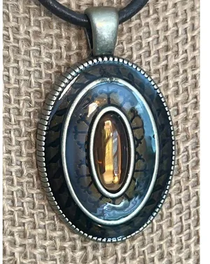 Lia Sophia Realm Brown Enamel Glass Bead Oval Pendant Necklace Cord Adj 15" + 3" thumbnail 2