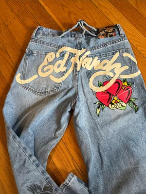 NEW Ed Hardy Light Blue Embroidered Wide Leg loose fit Women's Jeans 24 thumbnail 2