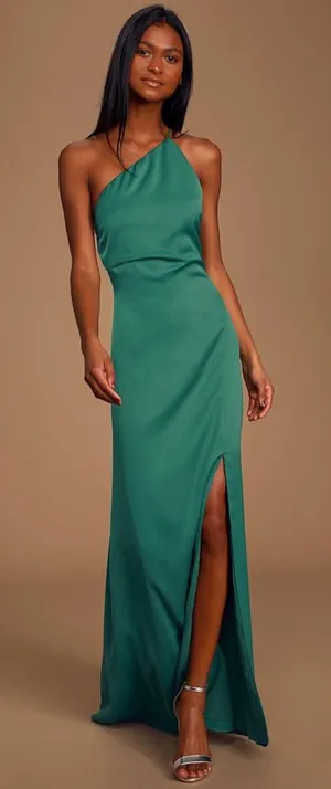 Keepsake Captivating Teal Green Satin One-Shoulder‎ Maxi Slip Dress size 4 thumbnail 1