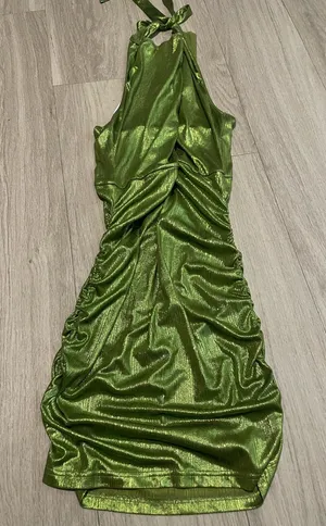 SHEIN Metallic Green One-Shoulder Ruched Dress thumbnail 1