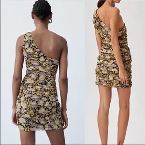 NWT Zara One Shoulder Metallic Floral Mini‎ Dress in Purple Gold Size Medium thumbnail 3