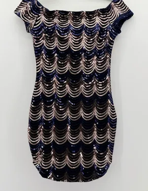 Privy Boutique 5ive Navy Gold Sequin Scallop Mini Dress PD4312 Small NWT thumbnail 1