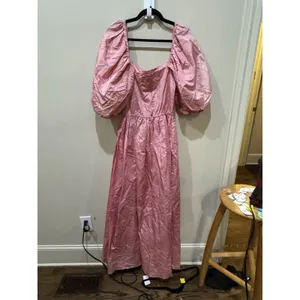 Vintage 80's Puff Sleeve Pink Taffeta Dress Square Neck Off Shoulder Handmade thumbnail 3