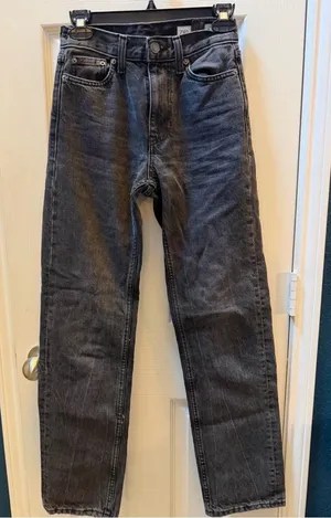 Zara women’s Straight Black Washed Denim Jeans thumbnail 1