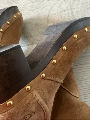 Ugg chestnut suede wooden heel ankle boots sheepskin lining pull on Sz 8 thumbnail 8