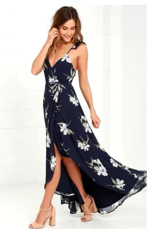 Lulus All Mine Navy Blue Floral Print High-Low Wrap Maxi Dress Large thumbnail 2