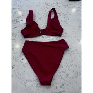 NWT Quince Cherry Red Italian Plunge Bikini Top & High Rise High Leg Bottom Lrg thumbnail 2