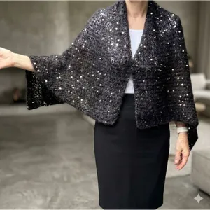 Womens Black Mohair Evening Wrap Shawl Gold Square Sequins Handknit thumbnail 3
