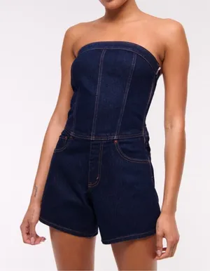 Abercrombie and Fitch Dark Wash Strapless Denim Romper Size M Tall thumbnail 1