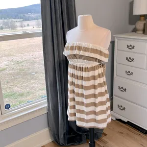 Forever 21 Strapless Oatmeal Taupe Striped Mini Dress Knit Beach Coverup Womens Small thumbnail 5