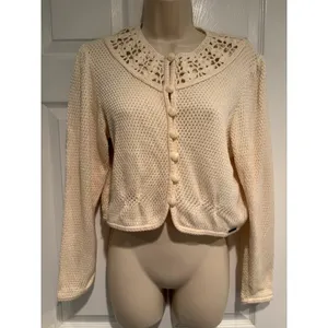 Geiger Austria Ivory Cotton Crochet Collar Cardigan‎ Sweater Cottagecore Sz 38 thumbnail 2