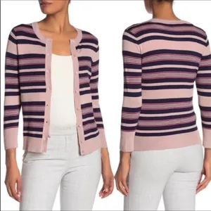 Halogen Nordstrom Stripe Crewneck Cardigan Sweater M v6x thumbnail 2