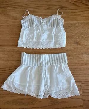 Frankie's Bikinis White Lace-Trim Striped Sleep Set thumbnail 1