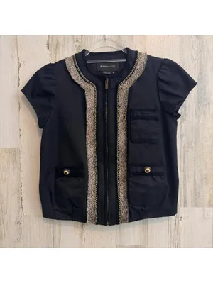 BCBG Max Azria Women’s XS Tweed Trim Jacket Top Black Gold Chain Zip thumbnail 2