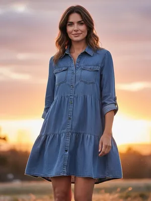 Velvet Heart Chambray Shirt Dress Medium Blue Tiered High Low Roll Tab Sleeves thumbnail 3
