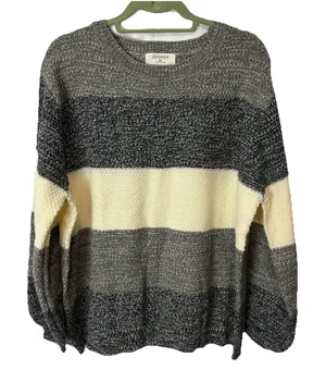 Zenana Colorblock Balloon Sleeve Knit Sweater Gray Black Cream Marled XL EUC thumbnail 1