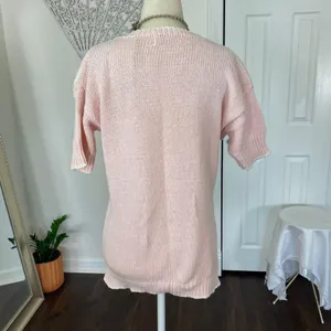 Vintage Light Blush Pink Boho Coquette Knitted Knit Shortsleeve Sweater Top M thumbnail 4