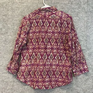 LAUREN RALPH‎ LAUREN Silk Blend Blouse Ikat Print Button Front Purple Medium Top thumbnail 8