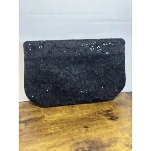 Vintage Black Floral Lace Glitter Evening Bag Gold Tone Chain Strap Formal Purse thumbnail 4