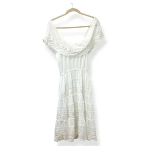 Vtg Women Off Shoulder Dress L White Small‎ Boho Cottagecore Lace Tiered Fairy thumbnail 3