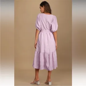 Lulu’s Sunny Love Seersucker Puff Sleeve Button Front Midi Dress Sz XL Lilac thumbnail 4